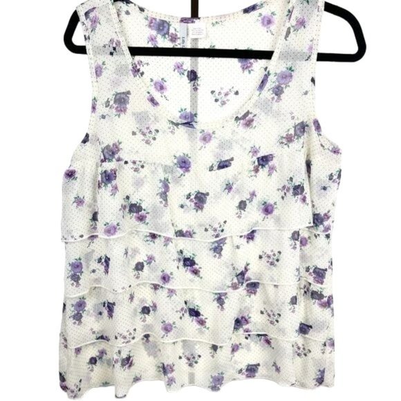 Lilly Lou White Floral Polka Dot Sheer Layered Ruffle Sleeveless Top Size Large - Picture 1 of 5